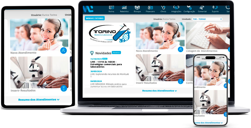 Portal de resultados do laboratório aberto no computador, no tablet e no celular